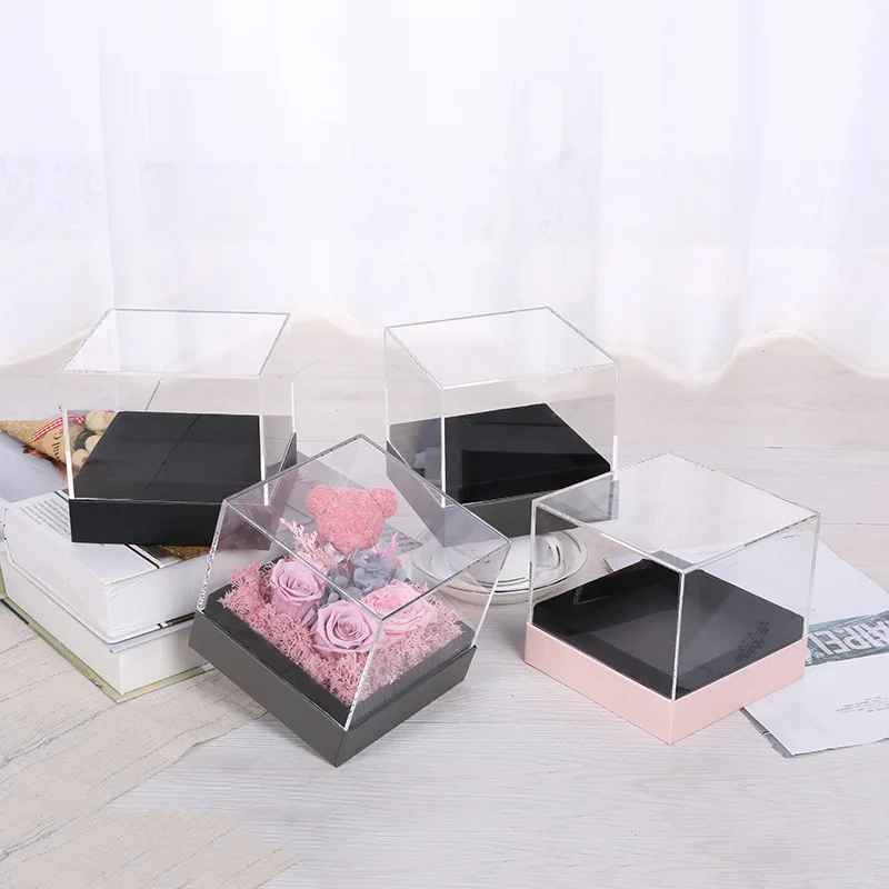

New Acrylic Rose Flower Box Makeup Organizer Artificial Flower Bouquet Flower Gift Box Home Decor Wedding Gift Box With Cover