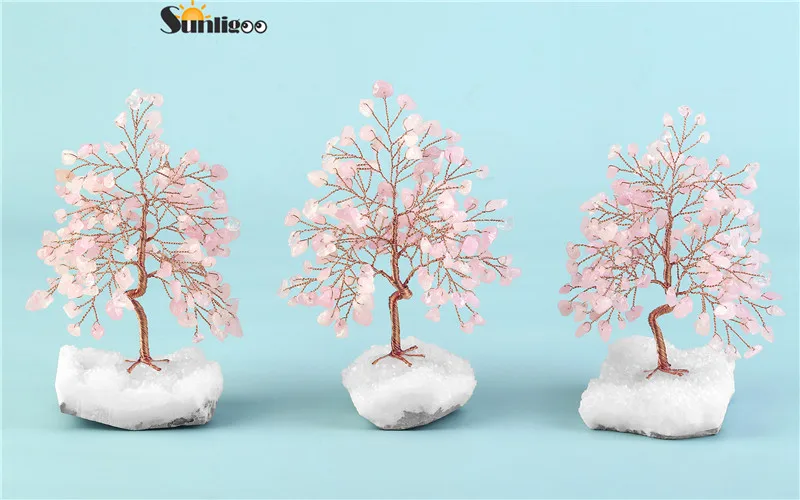 Sunligoo 1pc Natural Stone Feng Shui Bonsai Money Tree on Clear Quartz Cluster Base for Protection Healing Home Decor 5.51-6.29"