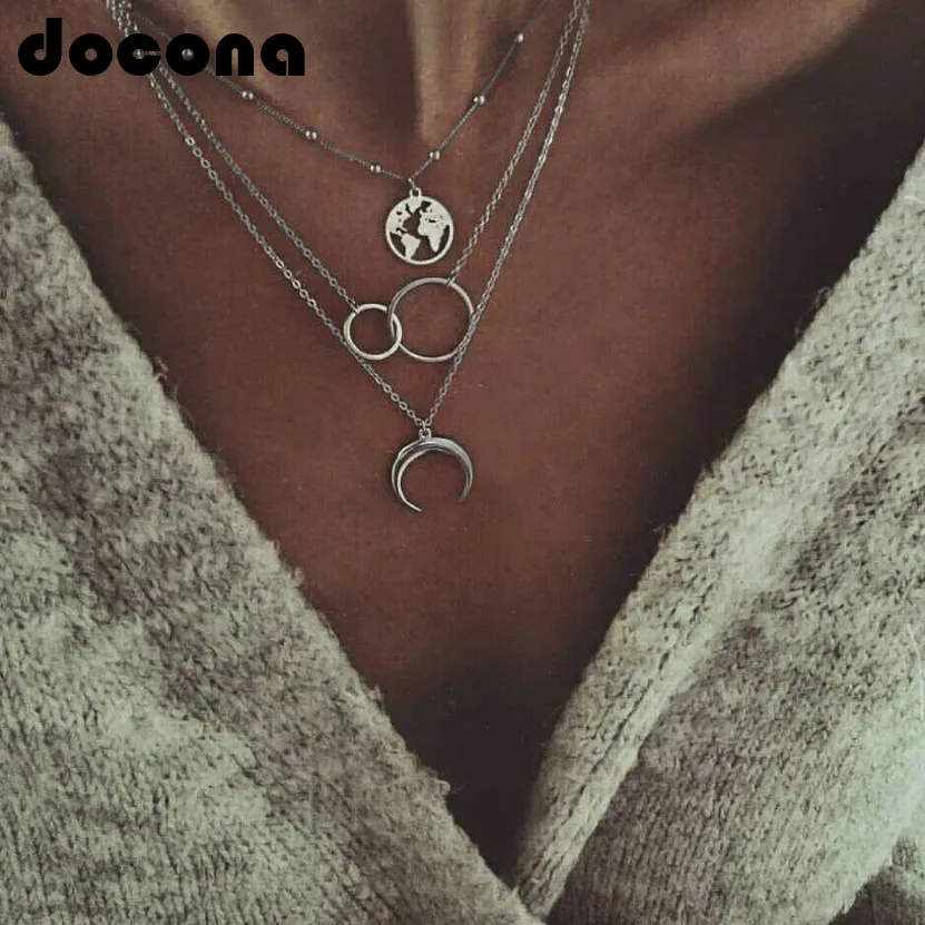 

docona Boho Silver World Map Moon Round Pendant Layered Necklace for Women Long Charms Multi Layer Necklaces Collares 6941