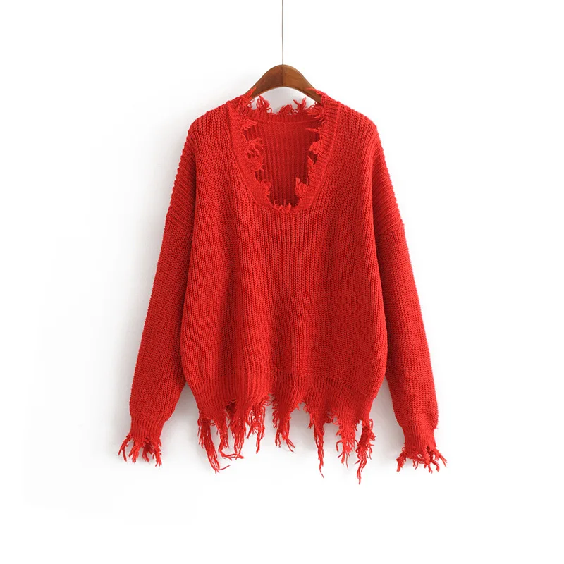 

women fray fringes details v neck fashion knit sweater jumpers pullovers