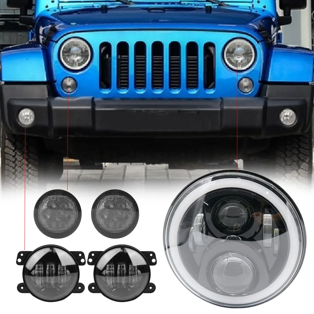 

7 Inch Projector Led Headlights With DRL Hi/lo Beam + 4 inch Fog Lights White Halo For Jeep Wrangler JK