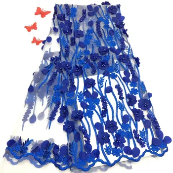 

Blue lace fabric with handmade beads, embroidered mesh high quality, African lace fabric beaded dress RF3007