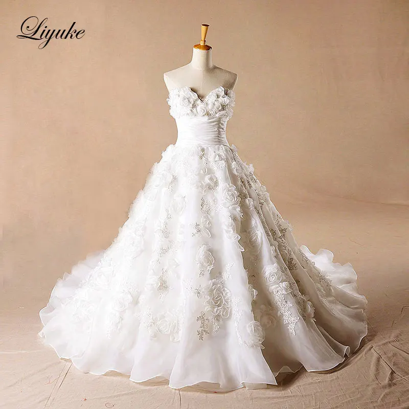 Liyuke Glamorous Satin Iubito A Linie De Nunta Rochie 3d Flori