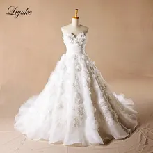Liyuke Glamorous Satin Sweetheart A-Line Wedding Dress 3D flowers Appliques Backless Chapel Train Wedding Gown Bridal Dress