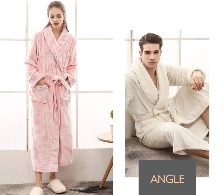 Queenral Man And Woman Robe Winter Long Bathrobe Warm Flannel Satin Male And Female Robes Sleepwear Sexy Pajamas Nightgown    6