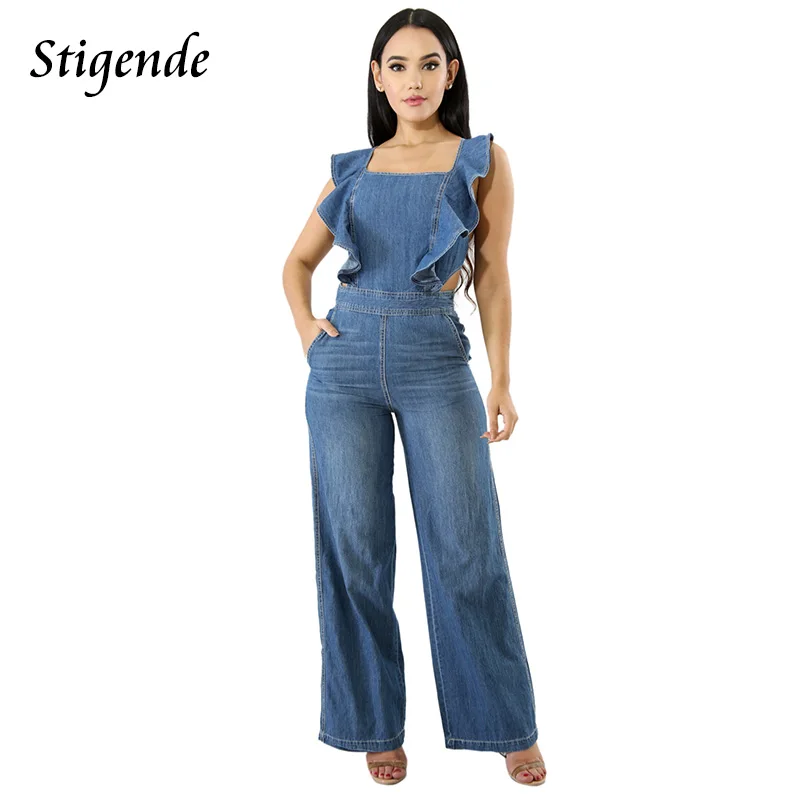 Stigende Womens Spaghetti Strap Jumpsuit Casual Bodycon Wide Leg Denim