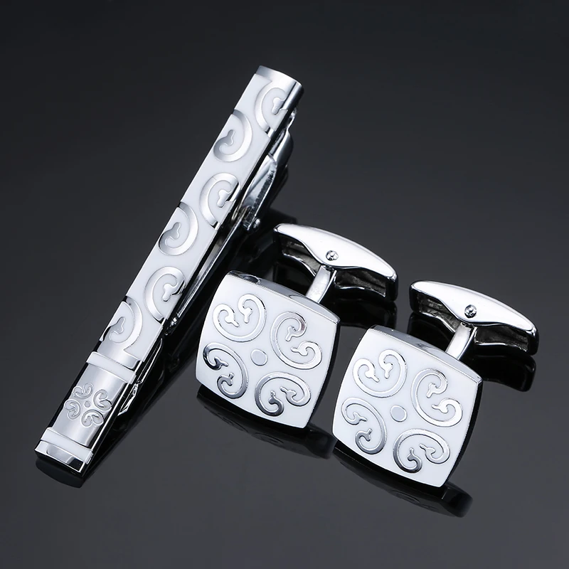 Luxury white Tie Clip Cufflinks For Mens Set flower Pattern Cufflinks High Quality Tie Pin Cuff