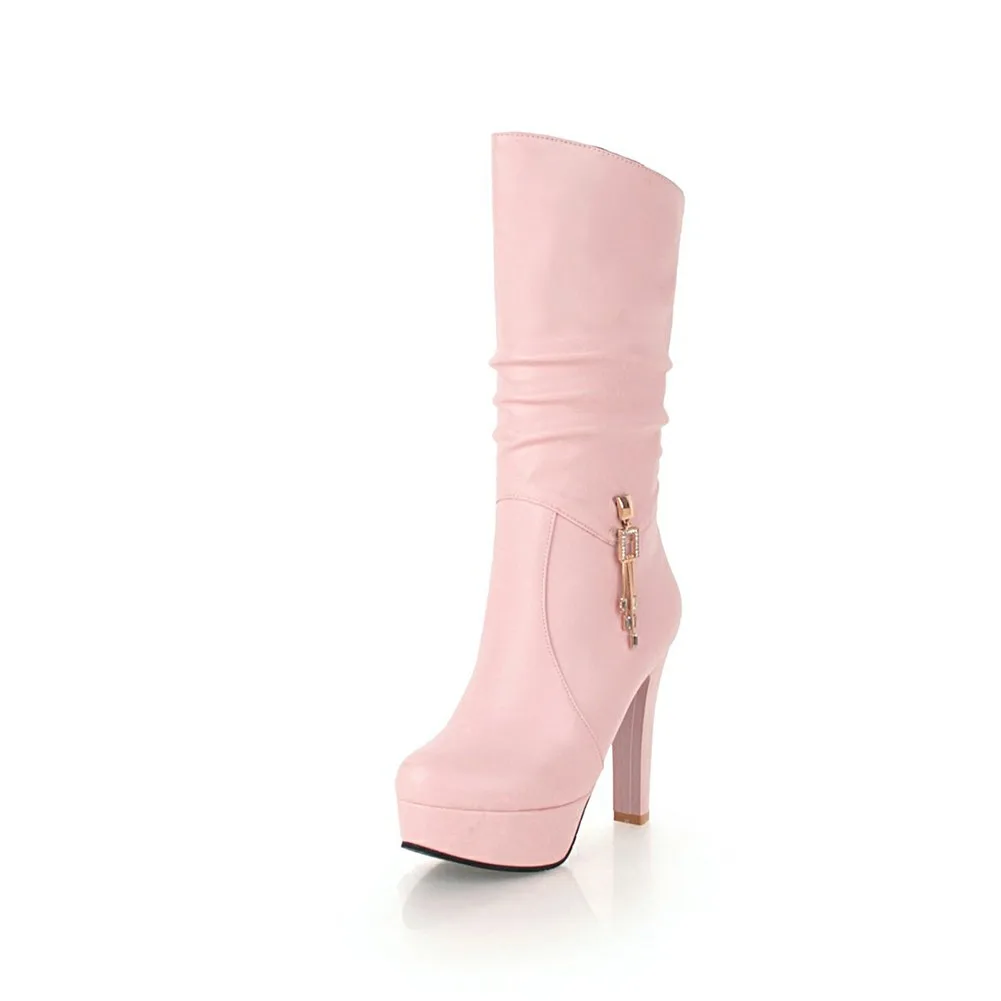 BONJOMARISA/Большие размеры 34-43, черные сапоги до середины икры на платформе для зрелых женщин, зимняя элегантная женская обувь на высоком каблуке со складками - Цвет: Розовый