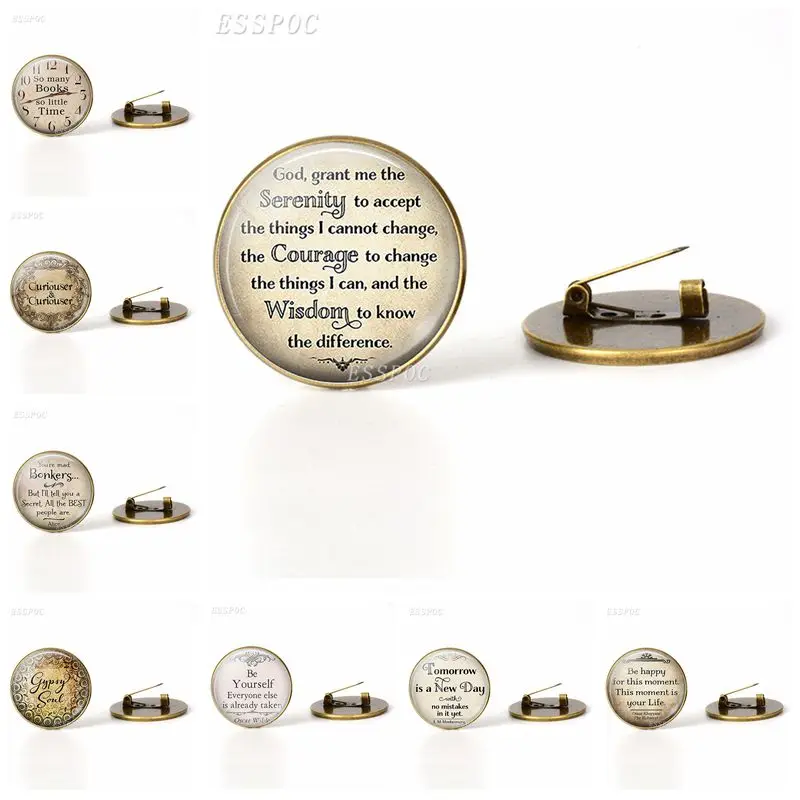 

Serenity Prayer Bible Quote Brooches & Pins Letters Glass Cabochon Copper Plated Brooches Fashion Accessories for Men Women