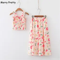 Merry Pretty/2019, женские комплекты из двух предметов, 5 цветов, короткая женская ночная кофта с рисунком фруктов и Юбки До Колена, милые стильные