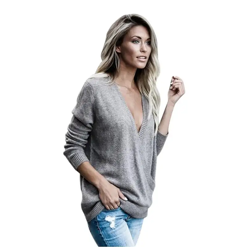 ADEWEL New 2017 Autumn Winter Sexy Deep V Neck Women Knitted Sweaters Blouse Ladies Casual Cross Front Loose Basic Sweater Tops (9)