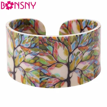 

Bonsny Acrylic Colorful Tree Pattern Wide Retro Bracelets Bangles Fashion Jewelry For Women 2017 New Spring Summer Accessories