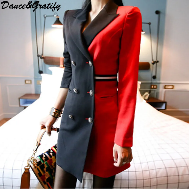 

Women Double Breasted Blazer Pencil Work Dress Business Autumn Winter Black Red Patchwork Notched Collar Sheath Office Dress