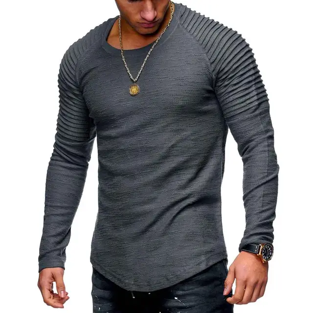 Fashion Men Bodybuilding Casual Fitness Long Sleeve Tshirt Solid