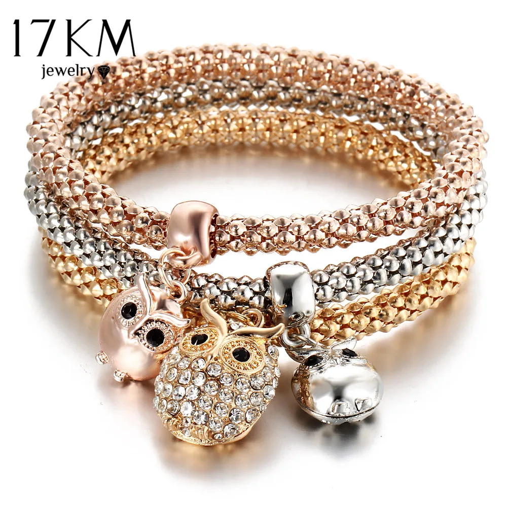 17km New 3pcs Gold Color Crystal Owl Charm Bracelets For Women Elephant Anchor Bracelet Multilayer Bangles Pulseira Feminina In Chain Link 17km New 3pcs Gold Color Crystal Owl Charm Bracelets For Women Elephant Anchor Bracelet Multilayer Bangles Pulseira Feminina In Chain Link