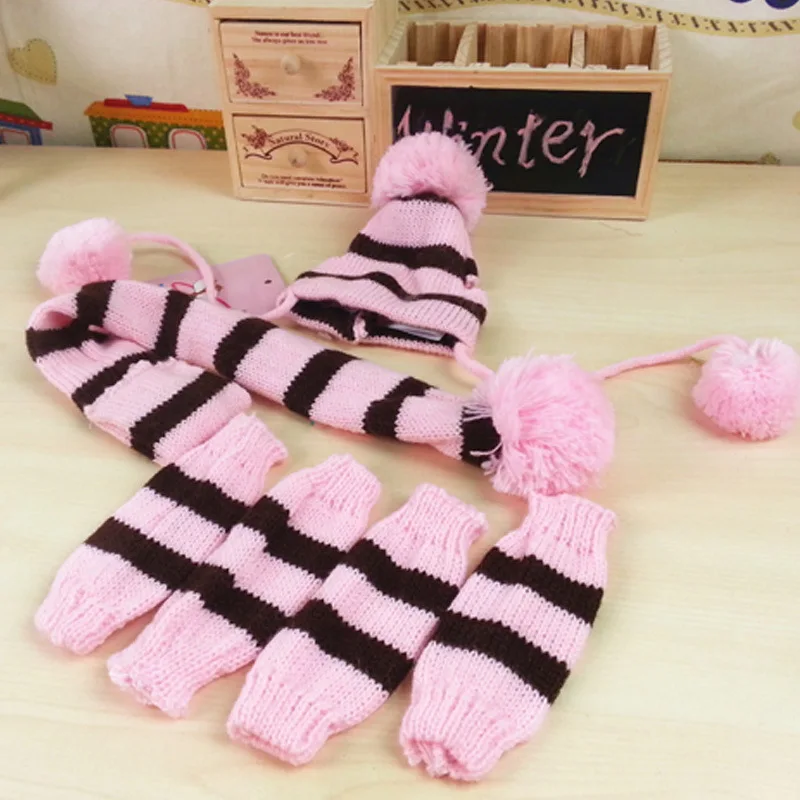 CAWAYI питомник полосатая вязаная шапка для животных шарф для ног зимний открытый теплый костюм шапка для собак Собака Кошка фото реквизит набор D1476 - Цвет: Pink