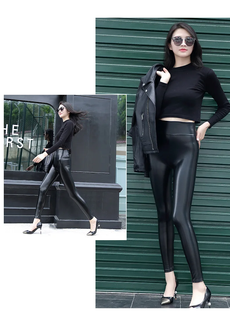 Leggings de Couro de Cintura Alta para Mulher Fino e Grosso Leggings do Plutônio Empurrar para Cima Everbellus Preto Mate Femme Fitness Sexy Calças Finas Luz & 3 Cheap Leggings