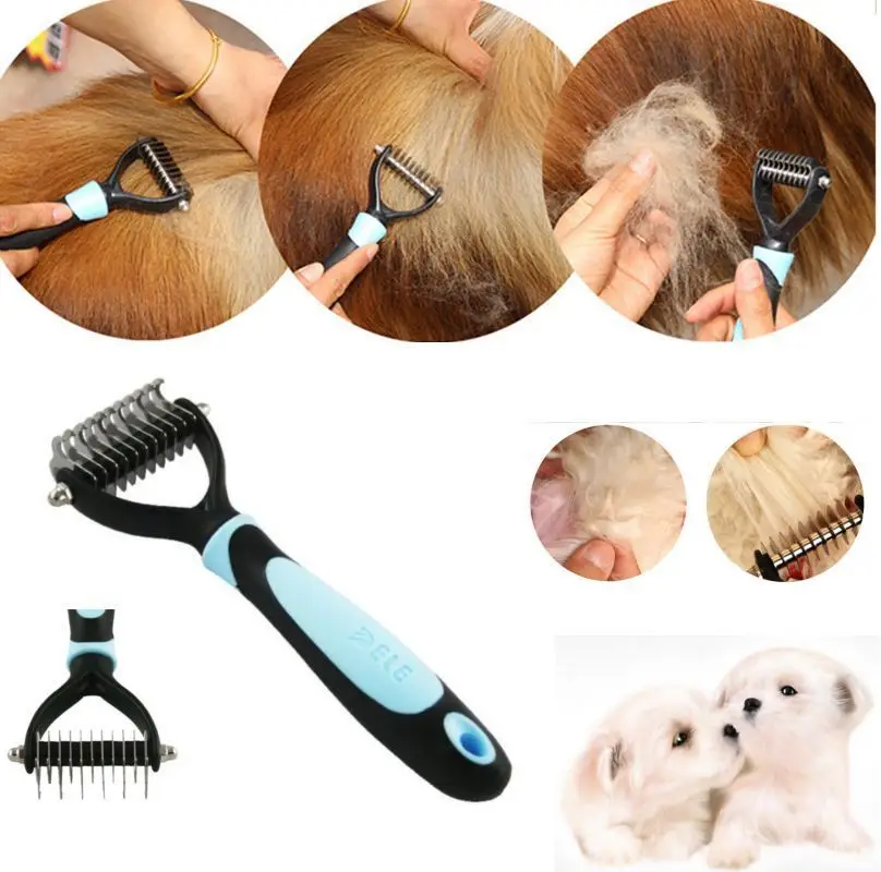 

Magicfly Pet Dog Double Teeth Comb Dematting Rake Tool for Cat Undercoat Remove Grooming Brush Blue Pink
