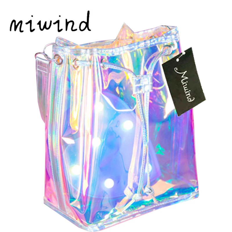 

Clear Women Bucket Bag PVC Drawstring Shoulder Bag Tassel Brand Hologram Laser Handbag Jelly Transparent Totes