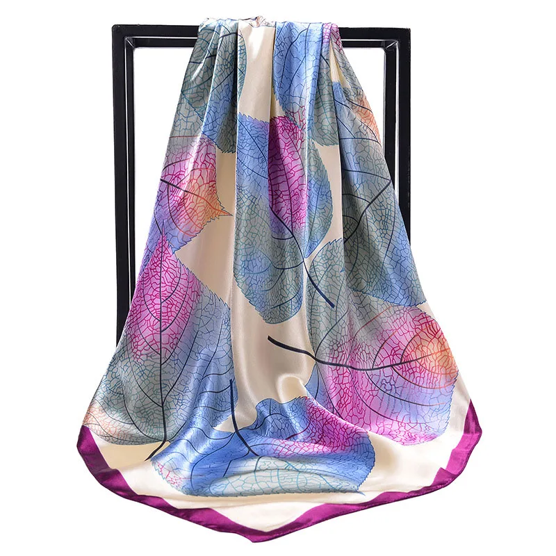 

New Spring Women Silk Large Scarf Shawl Fashion Soft Satin Muslim Head Scarf 90*90cm Elegant Leaves Square Scarves For Ladies