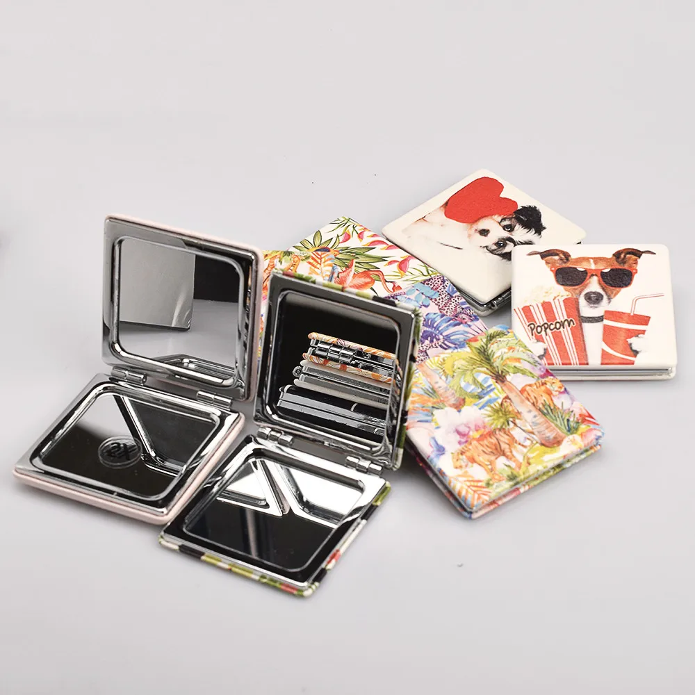 

HUAMIANLI Square Portable Make Up Mirror Pu Leather Double Side Mirror For Girls Flower Print Blak Small Mirror