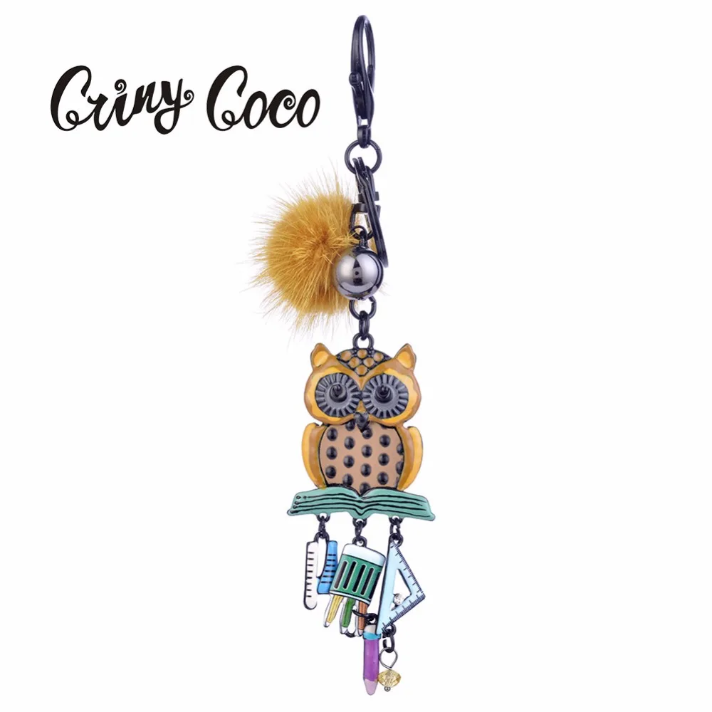 

2019 Cute Owl Key Ring Women Chain Alloy Metal Yellow Pompom Keychain for Girl Boy Gifts Keychains Leather Animal Bird Keyring