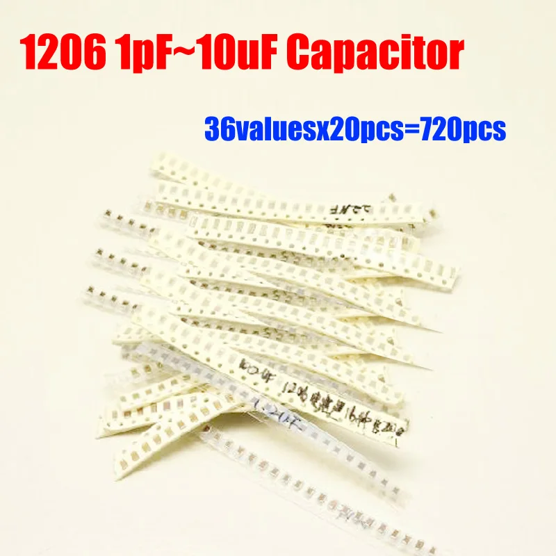 1206 SMD конденсатор набор образцов 36valuesX20pcs = 720 шт 1пф ~ 10 мкФ конденсатор Ассортимент пакет