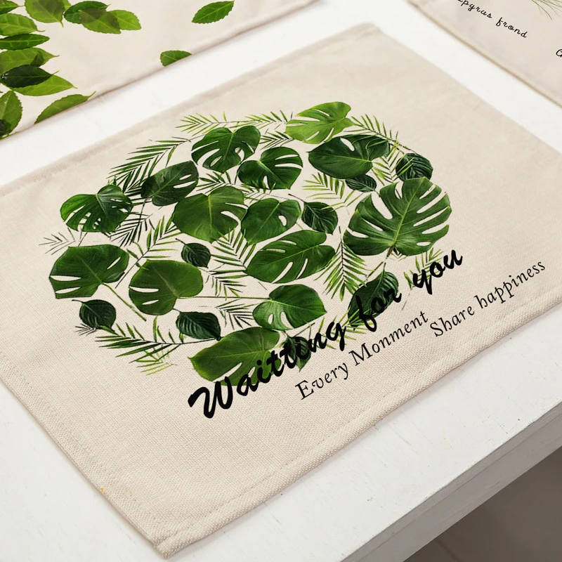 42x32cm Green Leaves Pattern Cotton Linen Western Pad Placemat Insulation Dining Table Mat Bowls Coasters Kitchen Accessories