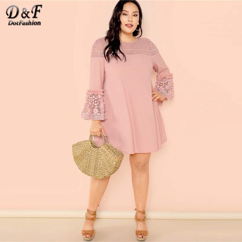 Dotfashion Plus Size Guipure Lace Insert Frill Trim Dresses Ladies Spring Fall Pink Elegant Flounce Sleeve A-Line Plain Dress