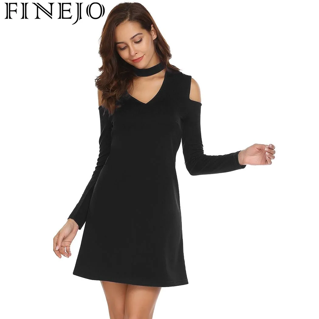 

FINEJO women off shoulder dress Casual Mini Dresses Choker Collar V-Neck Long Sleeve Back Blue Wine red Roupas Feminino Vestidos