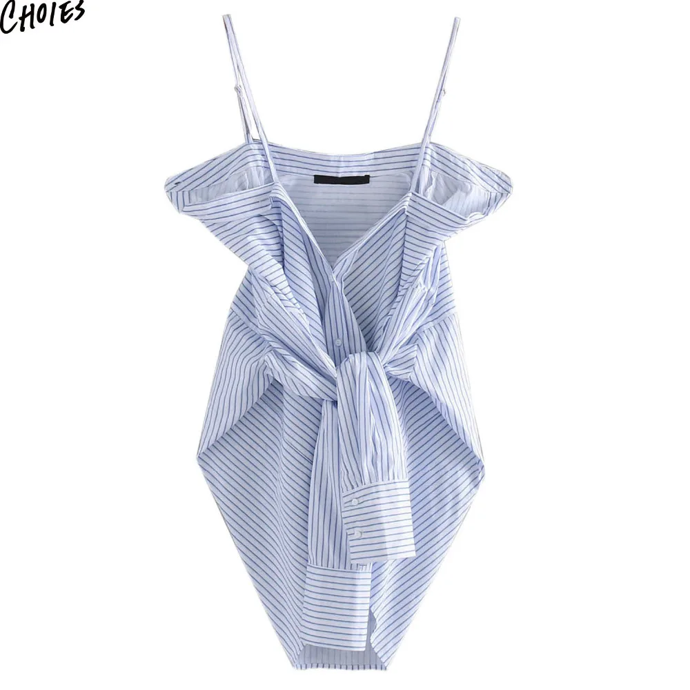 Blue Stripe Two way Long Sleeve Shirt with Shoulder Straps Women Novelty Design Buttons Up Front