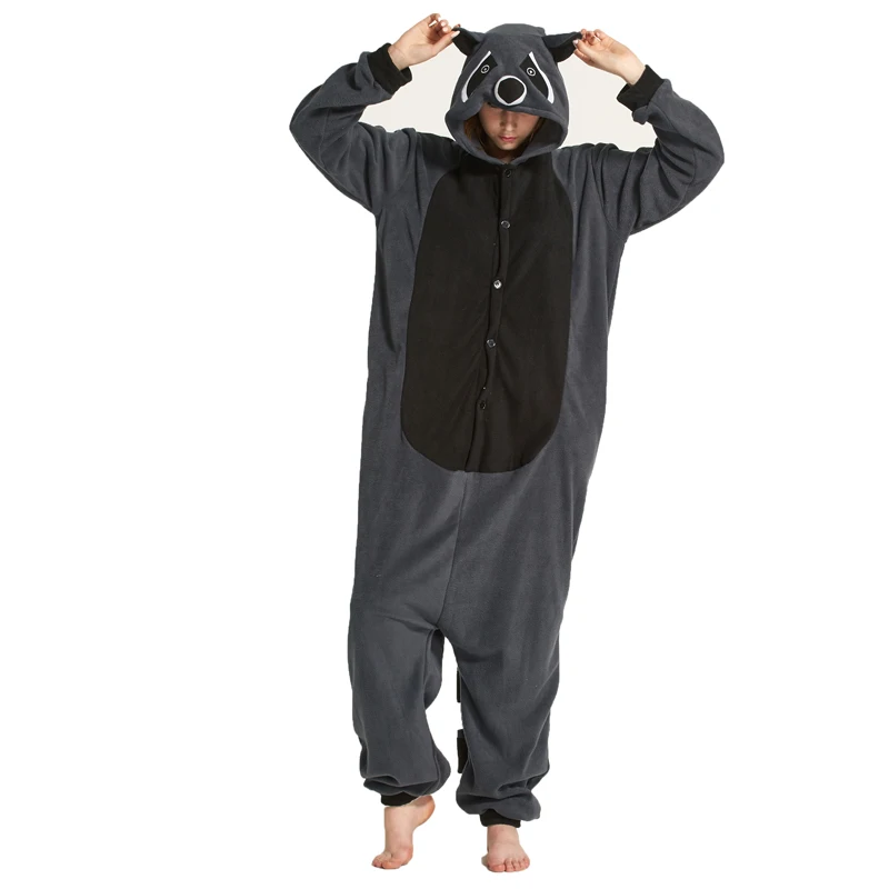 Ультра-низкие цены Косплей Костюм для взрослых, мультяшное животное Серый Енот ползунки унисекс пижамы костюмы для косплея Sleepsuit Sleepwear