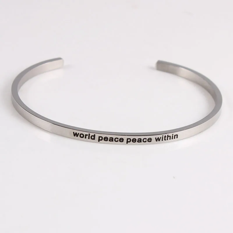 

World peace peace Stainless Steel Engraved Positive Inspirational Quote Cuff Mantra Bracelet Bangle For for couple lover Gift