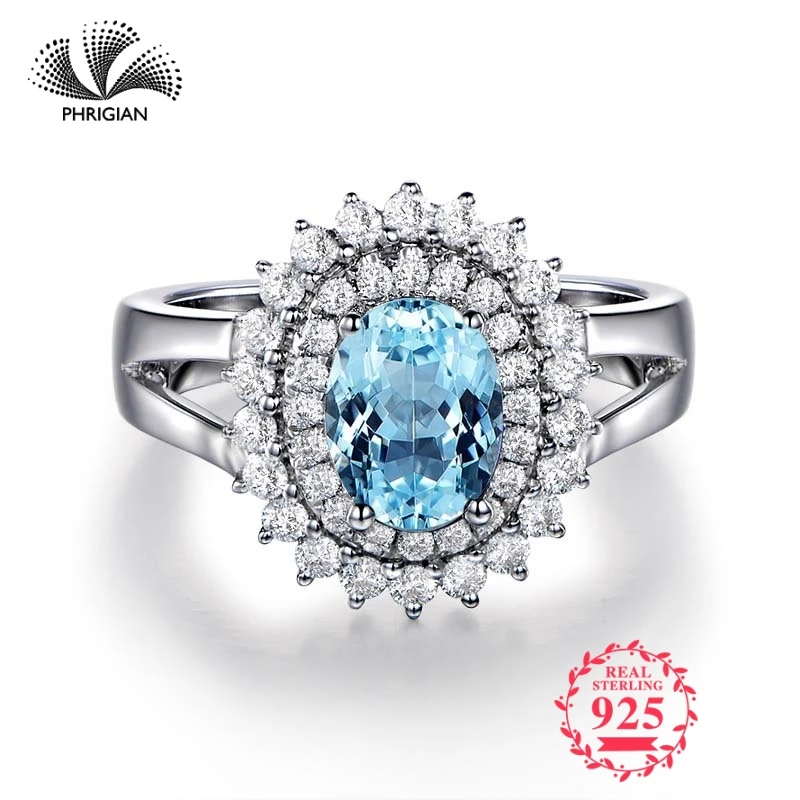 

NOT FAKE Fine Engraving Ring S925 Sterling silver Gemstone oval cut ring Women custom jewelry 925 carat Blue TOPAZ RING