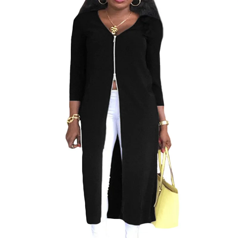 Женское пальто размера плюс, осень, Повседневный Кардиган, сексуальный, v-образный вырез, высокий разрез, передняя молния, одноцветная, длинная рубашка, верхняя одежда, Blusas, Топ для женщин - Цвет: Black