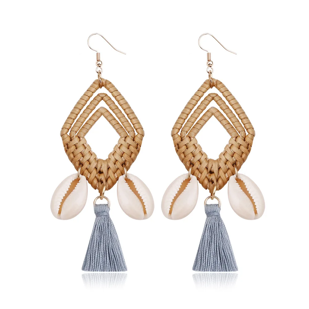 

2019 Handmade Shell Earrings Women Niche Long Fringed Tassel Drop Earrings Boho Large Straw Statement Earrings