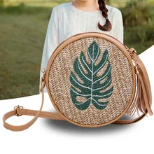 Женская соломенная сумка с цепочкой, круглая сумка через плечо для женщин, модная Ретро ткань, перо, кисточка, вместительная сумка через плечо, сумка,# YY