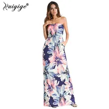 Ruiyige 2018 Summer Strapless Beach Long font b Dress b font Floral Print Sexy Sundress Women