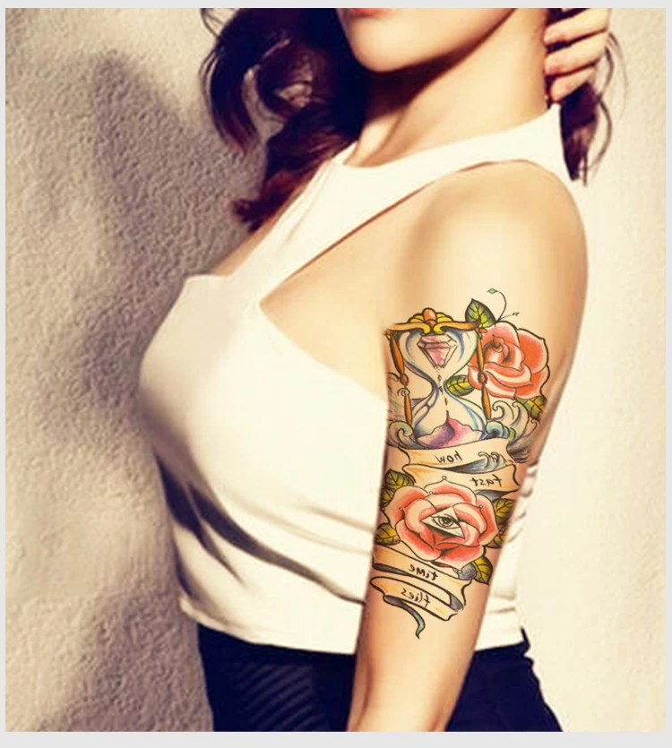 防水一時的なタトゥースリーブステッカーかわいいバラの花砂時計ビッグデザインボディーアートメイクアップツール Temporary Tattoo Sleeves Design Tattoo Sleevetattoo Design Sleeve Aliexpress