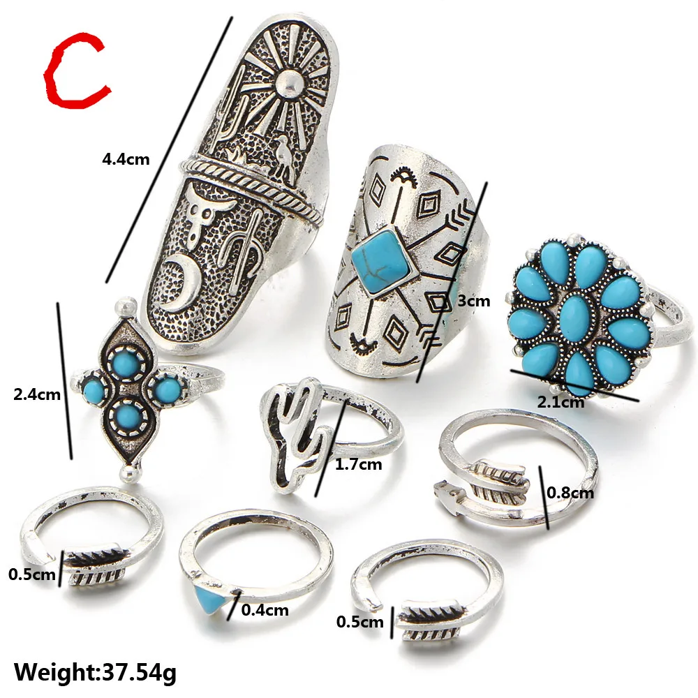 Стильные ювелирные изделия, модный дизайн, кольца, Мульти Стиль, для женщин, богемный стиль, Винтаж, серебряная стопка, кольца выше колена, синее кольцо, набор, Прямая поставка - Цвет основного камня: C 9PCS