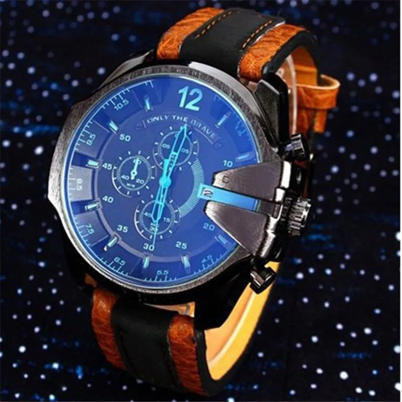 Новые модные Для мужчин аналоговые спортивные Сталь чехол кварцевый Циферблат из искусственной кожи наручные часы для подарок Лидер продаж relogio masculino Q5