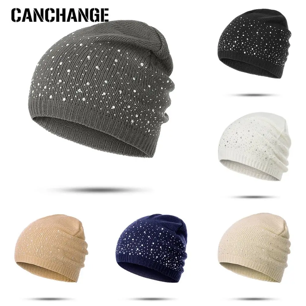 Осенне-зимняя женская Шапка-бини, мягкие вязаные шапочки, Женская Модная хлопковая шапка Кепка со стразами, пуловер со стразами, вязаная шапка