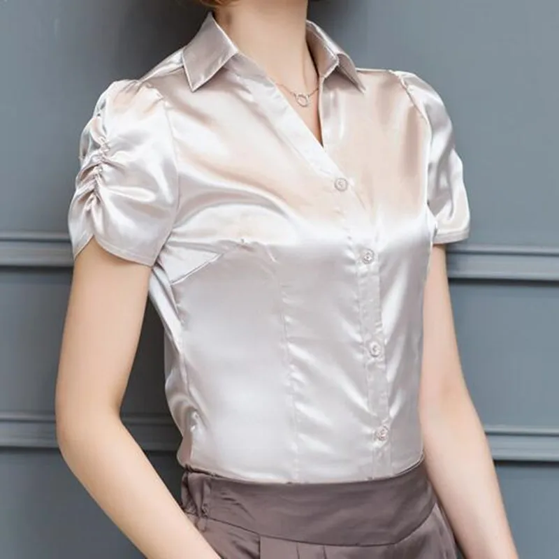 Элегантная женская блуза, летняя модная шифоновая блуза с коротким рукавом, женские офисные рубашки, Облегающая рубашка, женские топы в Корейском стиле