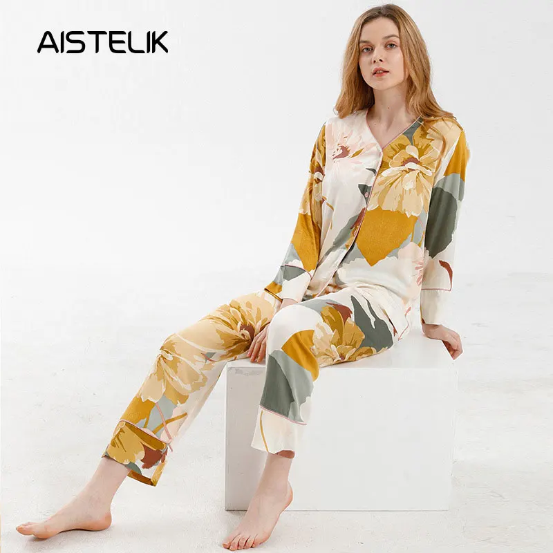 

Women's pajamas elegant high-end satin ink printing collarless pajamas suit comfortable silky cool summer home service