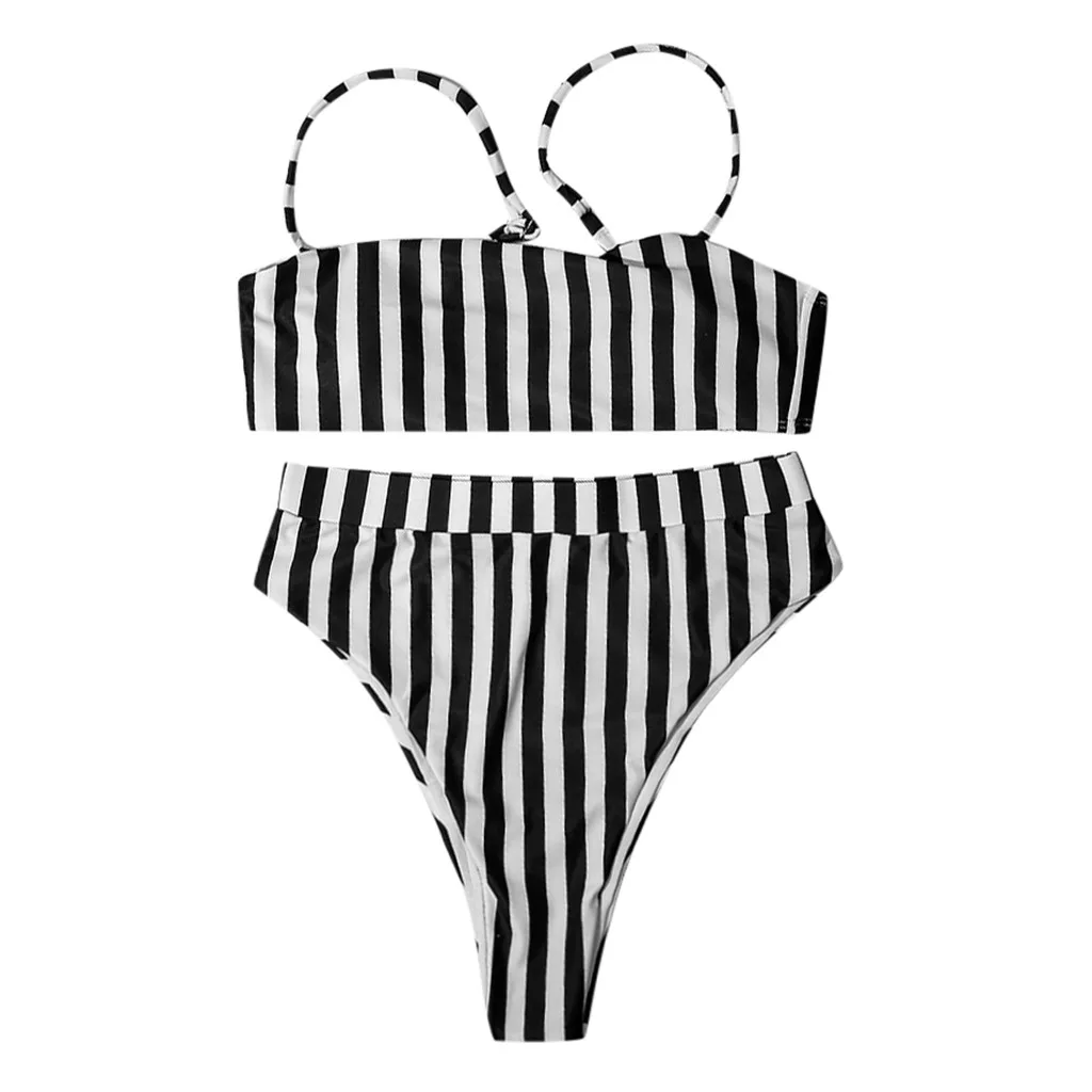 black and white striped bandeau bikini