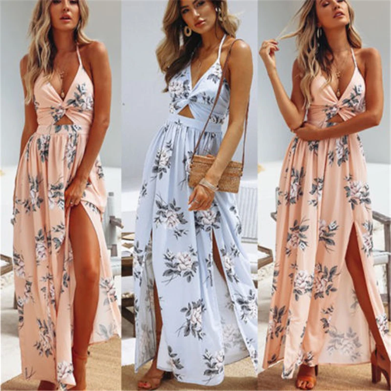 

Hot Womens Boho Floral Printed Maxi Dress 2018 New Sexy V-neck Dress For Women Evening Party Summer Beach Long Dresses Vestidos