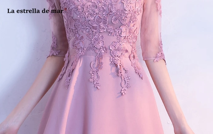 Халат d'd'honneur Новый из кружева, с вырезом на шее сатин 3/4 рукав A Line Румяна розовое платье подружки невесты длинное свадебное платье для гостей