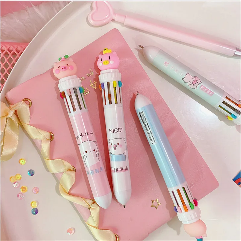 

Cute girl heart cartoon multicolor press ballpoint pen student multi-function hand account mark ten-color pen Chinese pigs