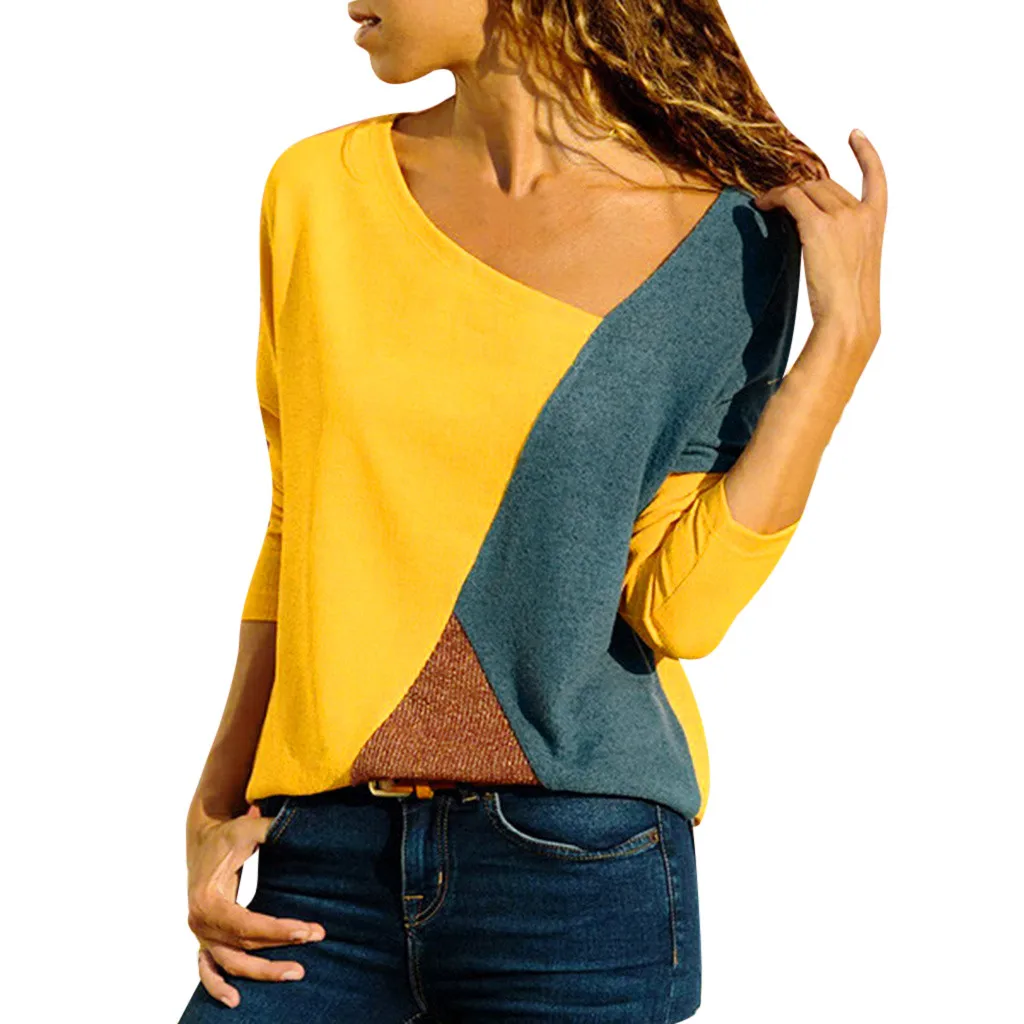 Женские топы и блузки с круглым вырезом, с длинными рукавами, большие размеры, feminino roupa feminina roupas Femininas - Цвет: Цвет: желтый