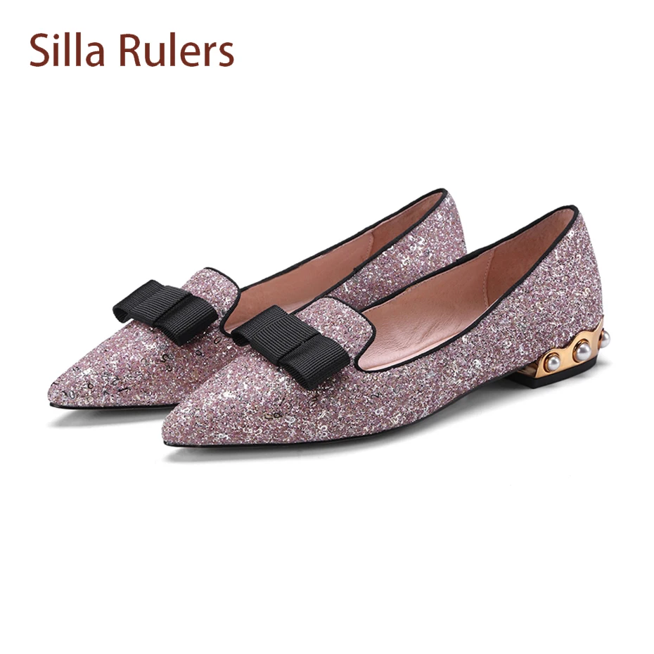 

Silla Rulers Sweet Bowtie Newest Bling Casual Flat Shoes Women Pointed Toe Pearls Heel Loafers Shoes Shallow Mouth Wedding Shoes